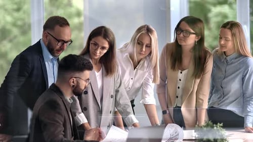 Architect Construction Engineering Team Meeting Employee and Boss Discuss Project Blueprint Office