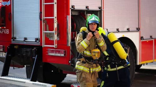 Firefighters Preparing Equipment at Fire Truck