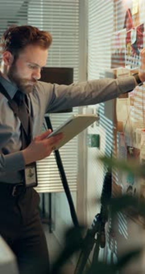 Investigation, board or man in office with tablet, cross reference or information in case review