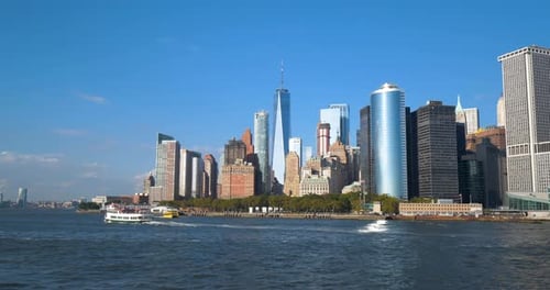 Beautiful New York City NYC Skyline From River Aerial