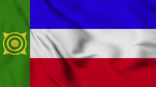 Waving Flag with Green Blue White Red Stripes and Emblem