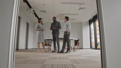 Three Diverse Colleagues Having Chat in Modern Office