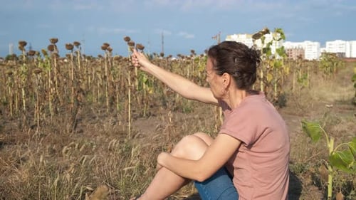 Woman Sitting in Sunflower Field in Distress