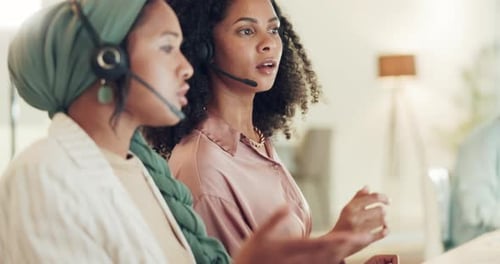 Call center, women and team helping on computer in telemarketing office