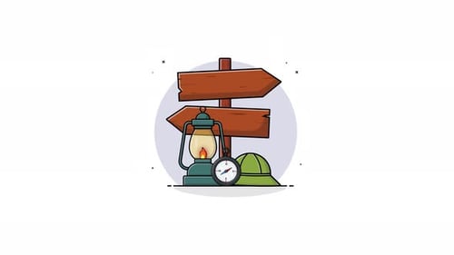 4k Direction Arrow with Hat and Lantern. Camping Concept Animation Video