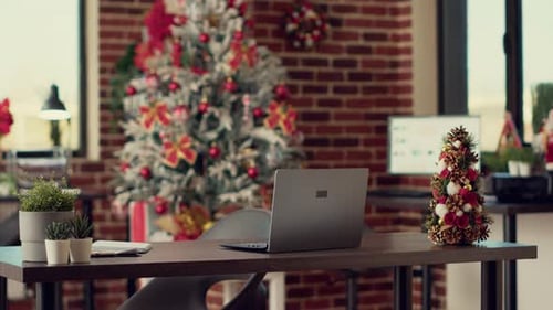 Empty Company Office Decorated with Festive Ornaments