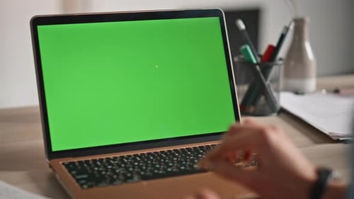 Woman Surfing Greenscreen Laptop at Company Workspace Closeup Female Hands