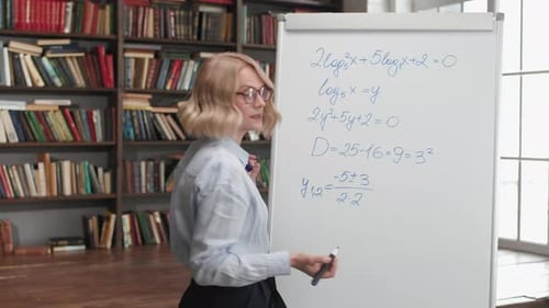 Online Education by Female Teacher at University Library Interior. Woman Writing On