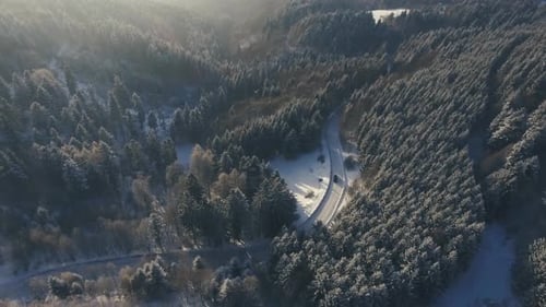 Aerial View Of Road In Coniferous Forest In Winter.