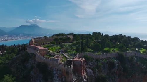 Aerial Video Exploring Alanya s Historic Fortress with a View of the Mediterranean Sea and Harbor