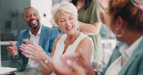 Applause, support and business people in a meeting, success celebration and happy at a seminar