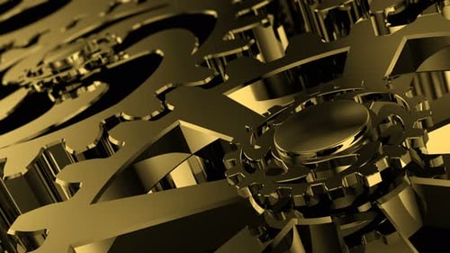 Rotating gears concept animation, golden metallic machine parts