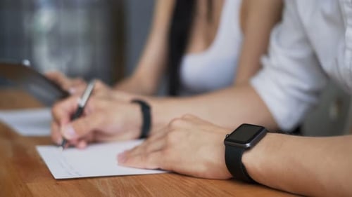 Two Person Studying Hands Close Up. High School Students Concentrate To Work Together Sit Closing...