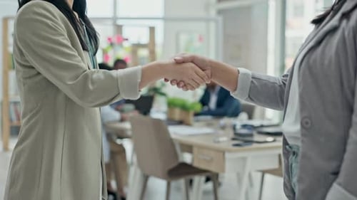 Business people, handshake and partnership in meeting for b2b, deal or agreement at office