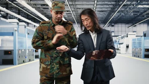 Soldier and Executive Inspecting Wafer in Cleanroom Factory