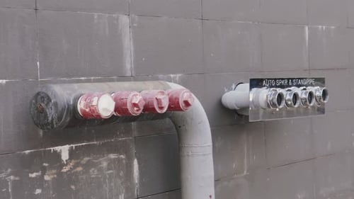 Pipeline behind a building with unfinished pipe