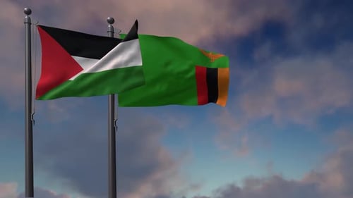 Palestine and Zambia Flags Waving in Realistic Loop Animation