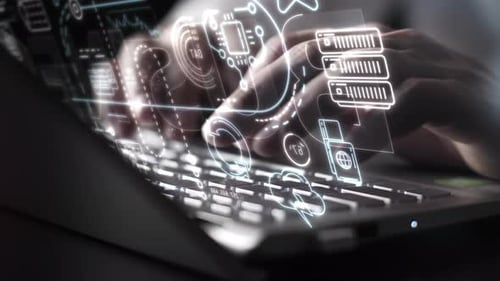 Programmer Developing Innovative Software on Laptop with Abstract Data