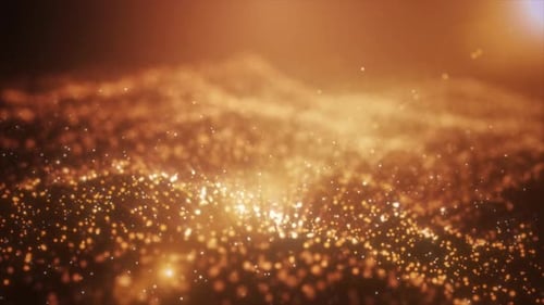 Abstract yellow golden glowing energy waves from particles and dots magical with blur effect on dark
