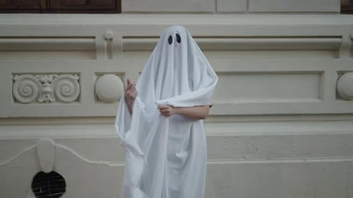 Ghost Covered in Sheet Standing Still Outdoors