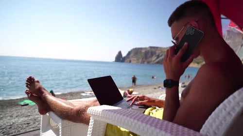 Man Laptop Sea Working Remotely on Seashore Happy Successful Man Male Freelancer Working on Laptop