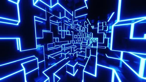 Flying through a tunnel of blue neon cubes. Infinitely looped animation