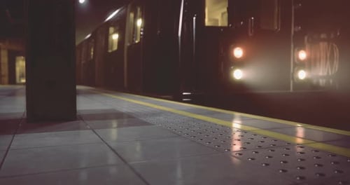 Zug nähert sich dem Bahnsteig in einer schwach beleuchteten U-Bahnstation