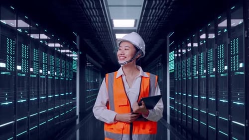 Asian Female Holding Tablet While Walking in Data Center