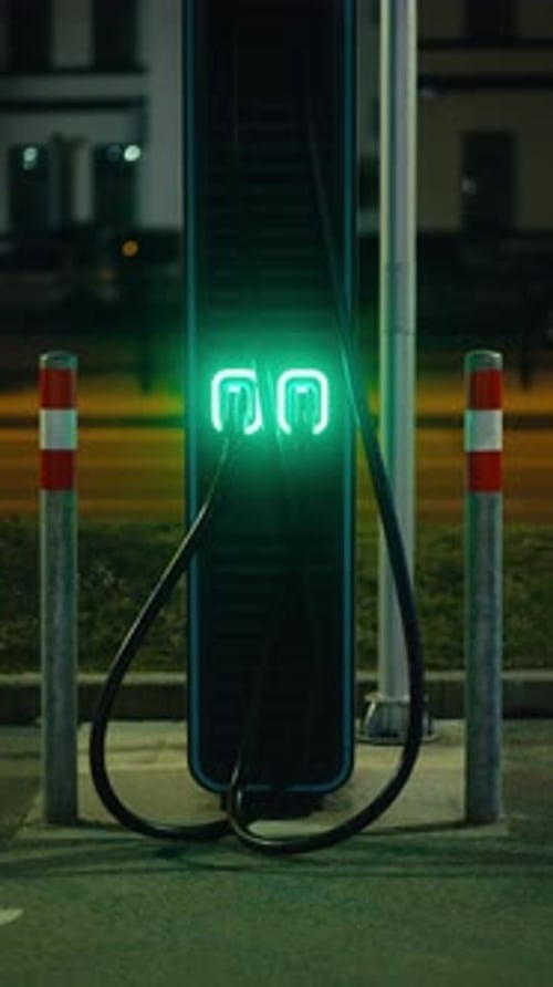 Green Electric Vehicle Charging Station Illuminated at Night with Glowing Poles and Charging Cables