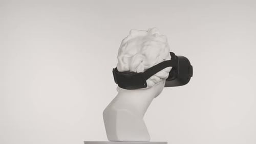 Closeup Shot Ancient Marble Bust Statue of Roman Era Woman in Vr Glasses Spinning Round on a