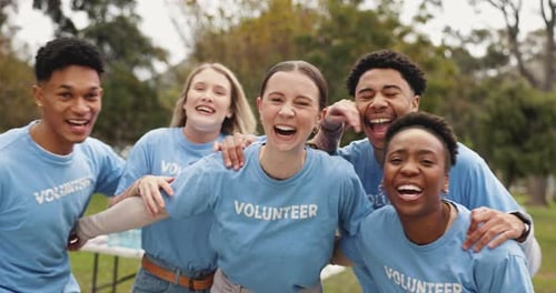 Excited, volunteer and face of people in park for charity event, community service and teamwork