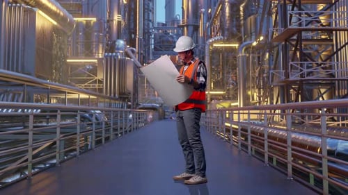 Full Body Of Asian Male Engineer Looking At Blueprint In His Hands At Oil Refinery