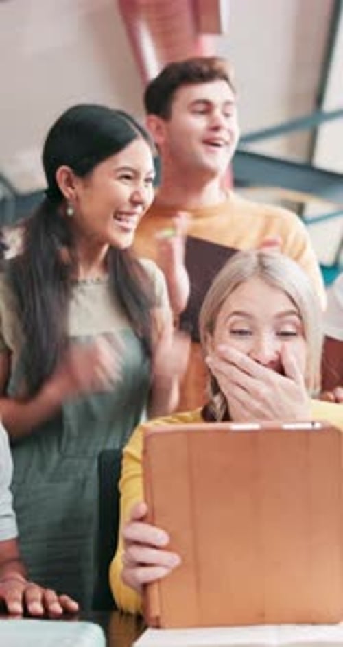 Happy, people and applause with tablet at campus for education, test or success in group project