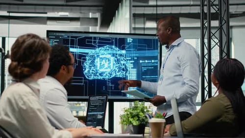 Team Discussing AI Brain on Screen in Office