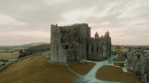 Aerial view of the Rock of Cashel historic site in Ireland.