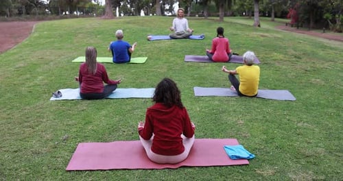 Multi Generational People Doing Yoga Class Outdoor at Park - Healthy Lifestyle