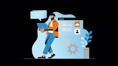 Person coding with a laptop and UI elements in the background