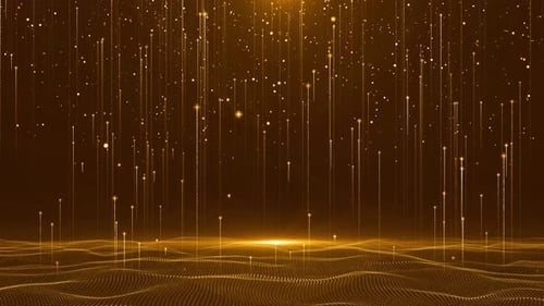 Golden Abstract Particles and Rising Light Lines Background