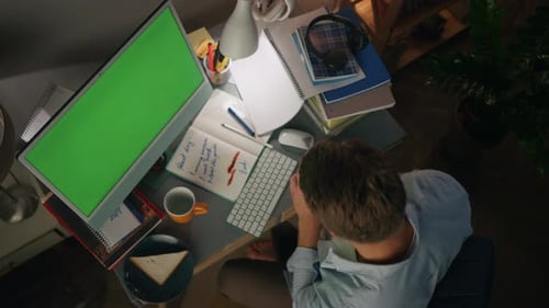 Unknown Man Making Notes Top View. Ginger Freelancer Working Mockup Computer Remotely