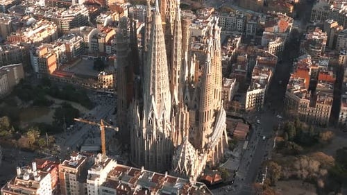 Aerial View of Barcelona City Skyline and Sagrada Familia Cathedral