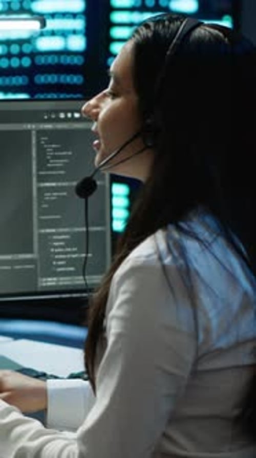 Vertical Video Worker in Server Farm Establishment Oversees Infrastructure Systems