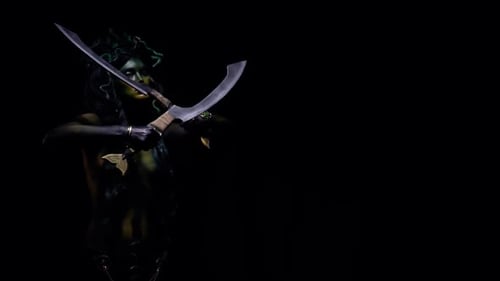 Mythical Woman Wielding Swords on Black Background