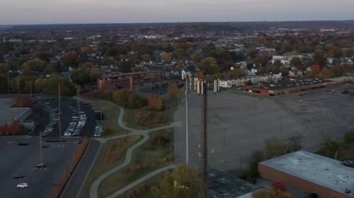 Aerial view of parking lot and cell tower, United States.