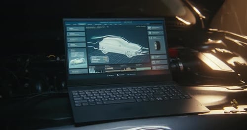 Advanced Car Diagnostic Interface with 3D Vehicle Model on Laptop Screen in Garage