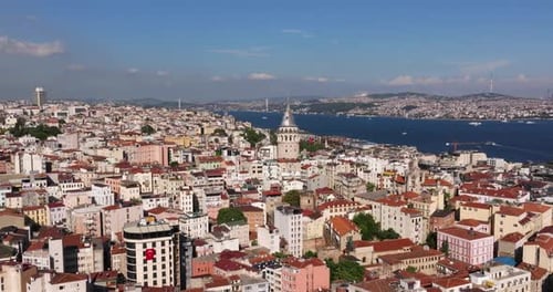 Galata Tower - Amazing Establishing Drone Shot in Beyoglu District of Istanbul, Turkey