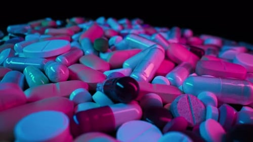 Macro View of Colorful Capsule Pills Pharmaceutical Medicament for Health Dietary Supplements Useful