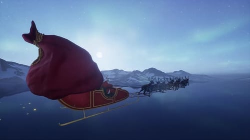 Santa Claus Flying Over Aurora Lit Sky On Christmas Night