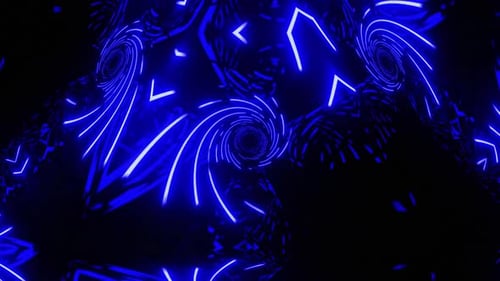 Dynamic neon tunnel animation with swirling blue light trails