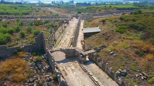 In This Captivating Aerial Stock Video the Remarkable Ruins of the Ancient City of Perge in