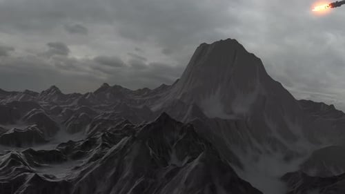 Alien world with Rocky Mountains and burning asteroids